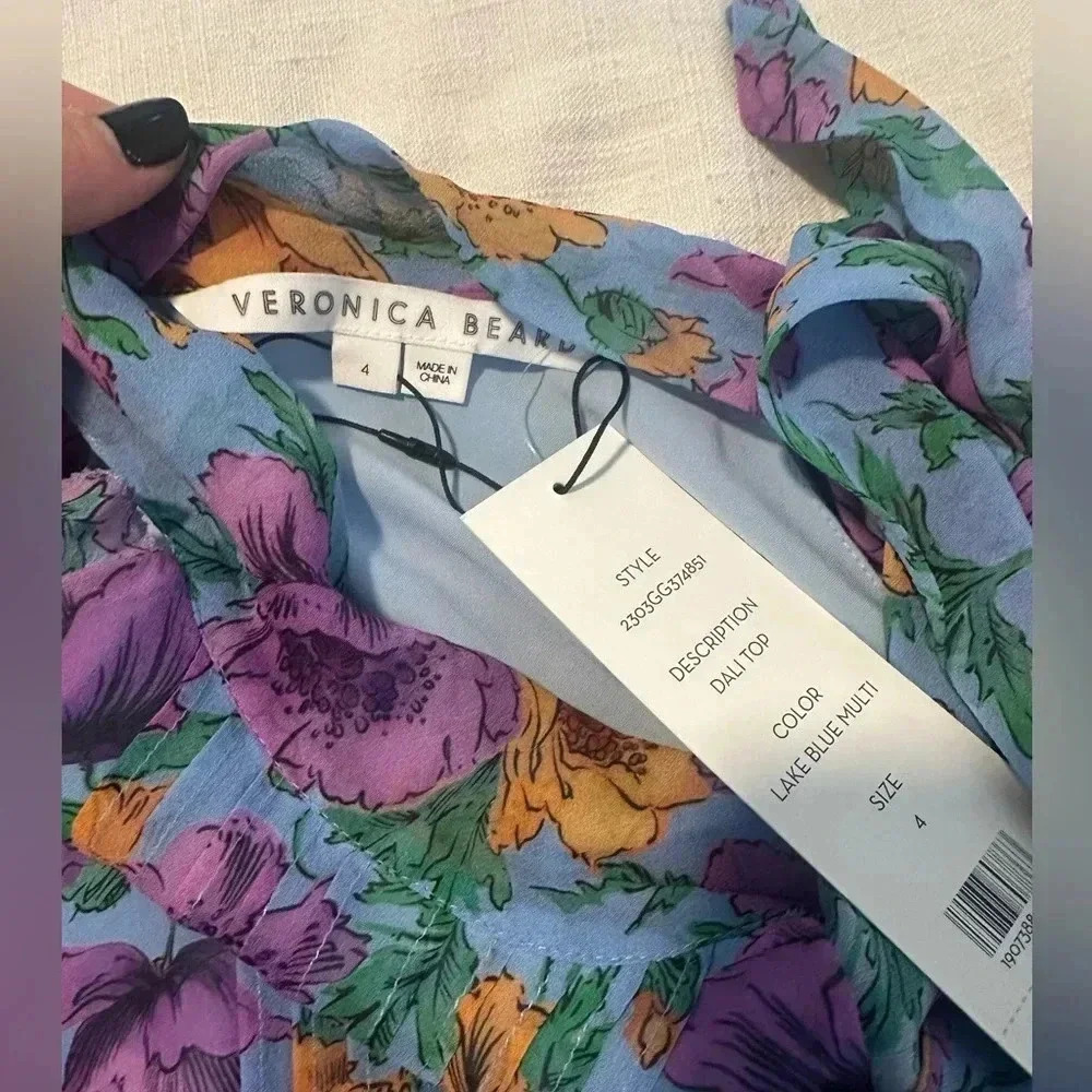 NWT VERONICA BEARD Silk Dali Top Ruffle Lake Blue Multi size 4 - Picture 6 of 7